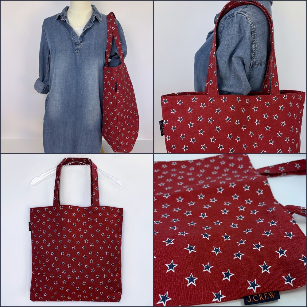 J.Crew Star Print Reusable Everyday Canvas Tote Red White Blue Americana‎ Market